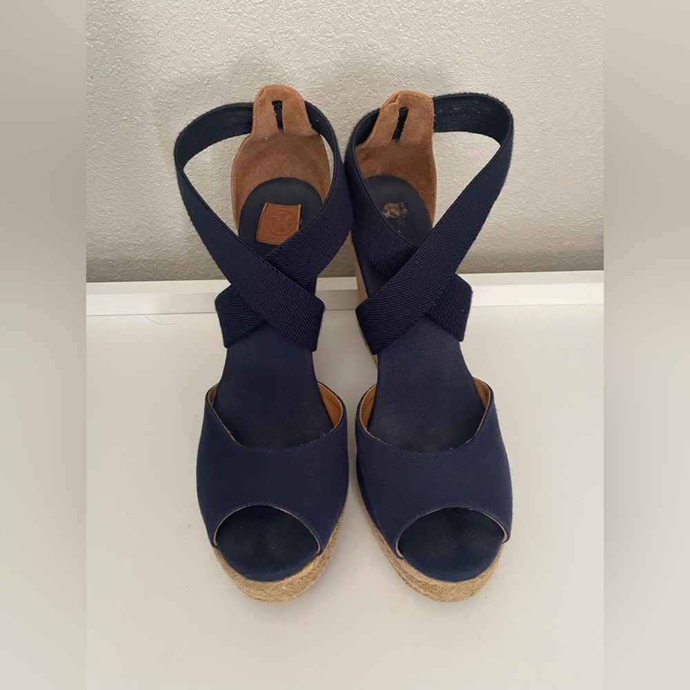 Tory Burch Natanya Wedge Espadrille Sandals Women's 10 Navy Shoes - Picture 2 of 9